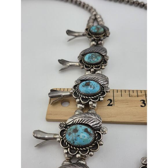 Early Navajo Indian KINGMAN Turquoise Sterling Silver Squash Blossom Necklace - Picture 14 of 16